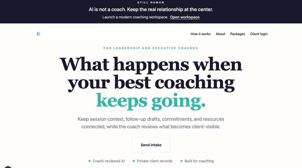Coaching Workspace — Client Portal & AI Session Memory - Client portal, consent-aware session memory, coach-reviewed AI follow-up, and accountability workflows.